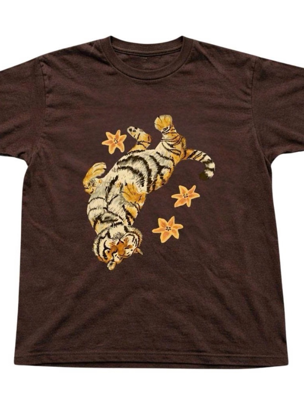 Brown Graphic Tee with Tiger and Floral Motif